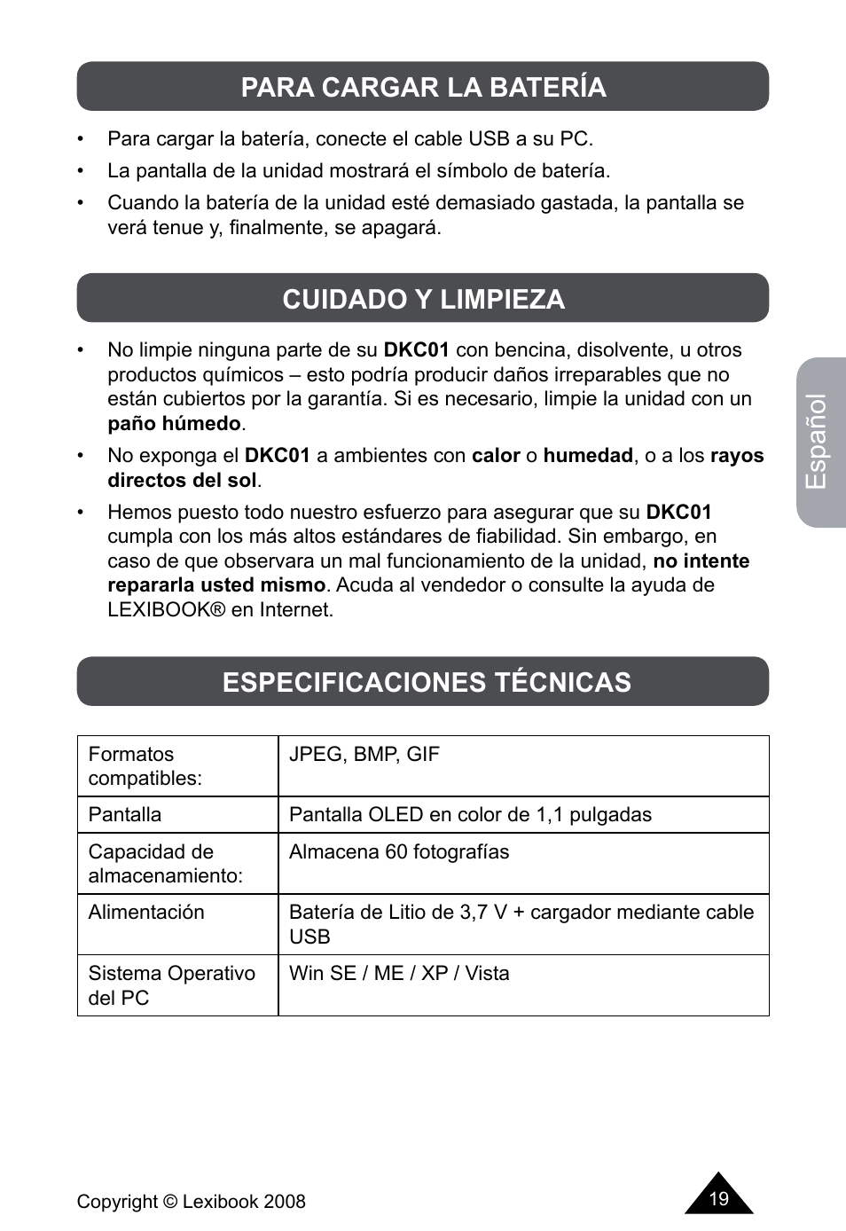 Español, Para cargar la batería, Cuidado y limpieza especificaciones técnicas | Lexibook DKCO1 / DKC01HSM / DKC01BB / DKC01HM User Manual | Page 19 / 44