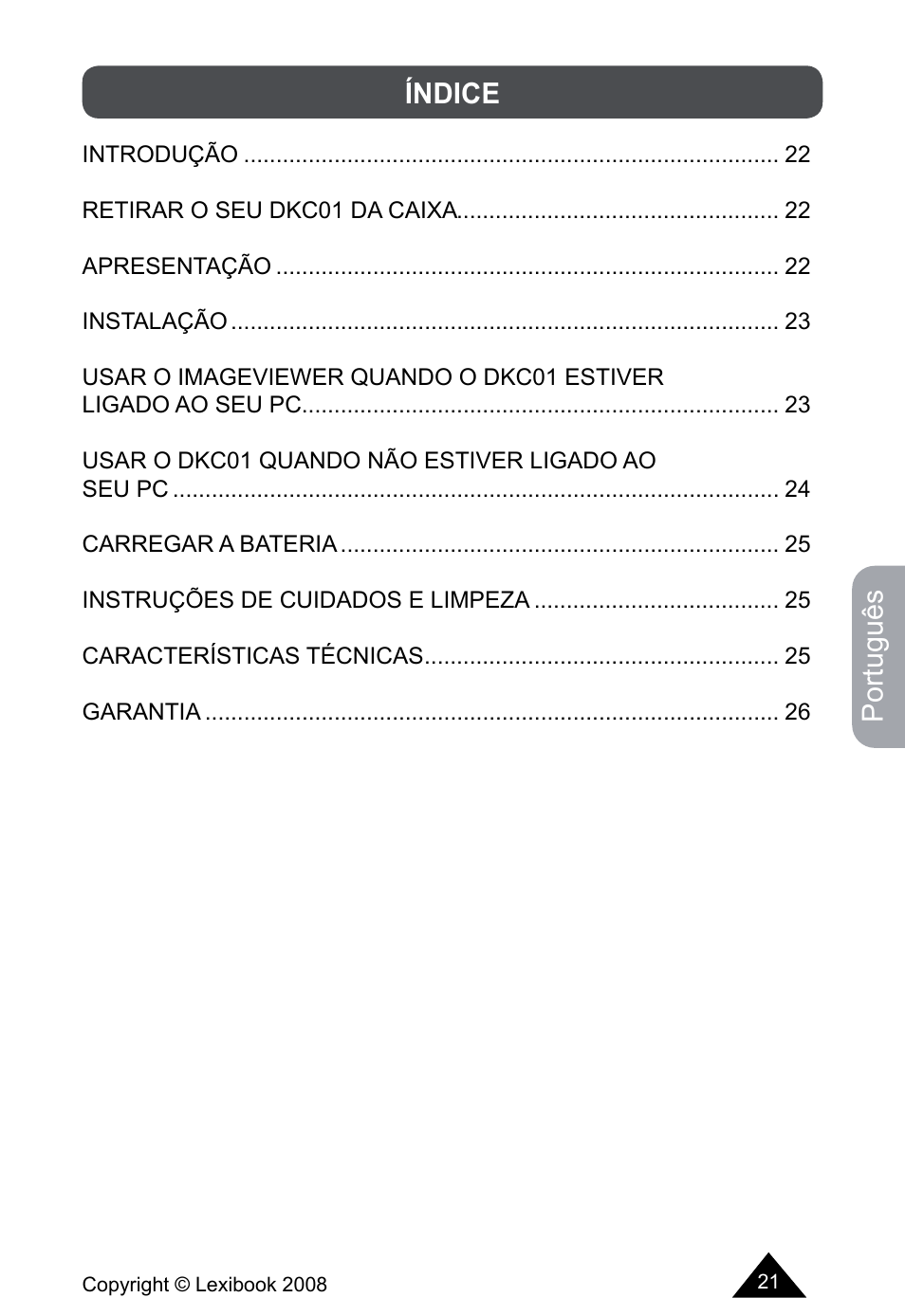 Português, Índice | Lexibook DKCO1 / DKC01HSM / DKC01BB / DKC01HM User Manual | Page 21 / 44