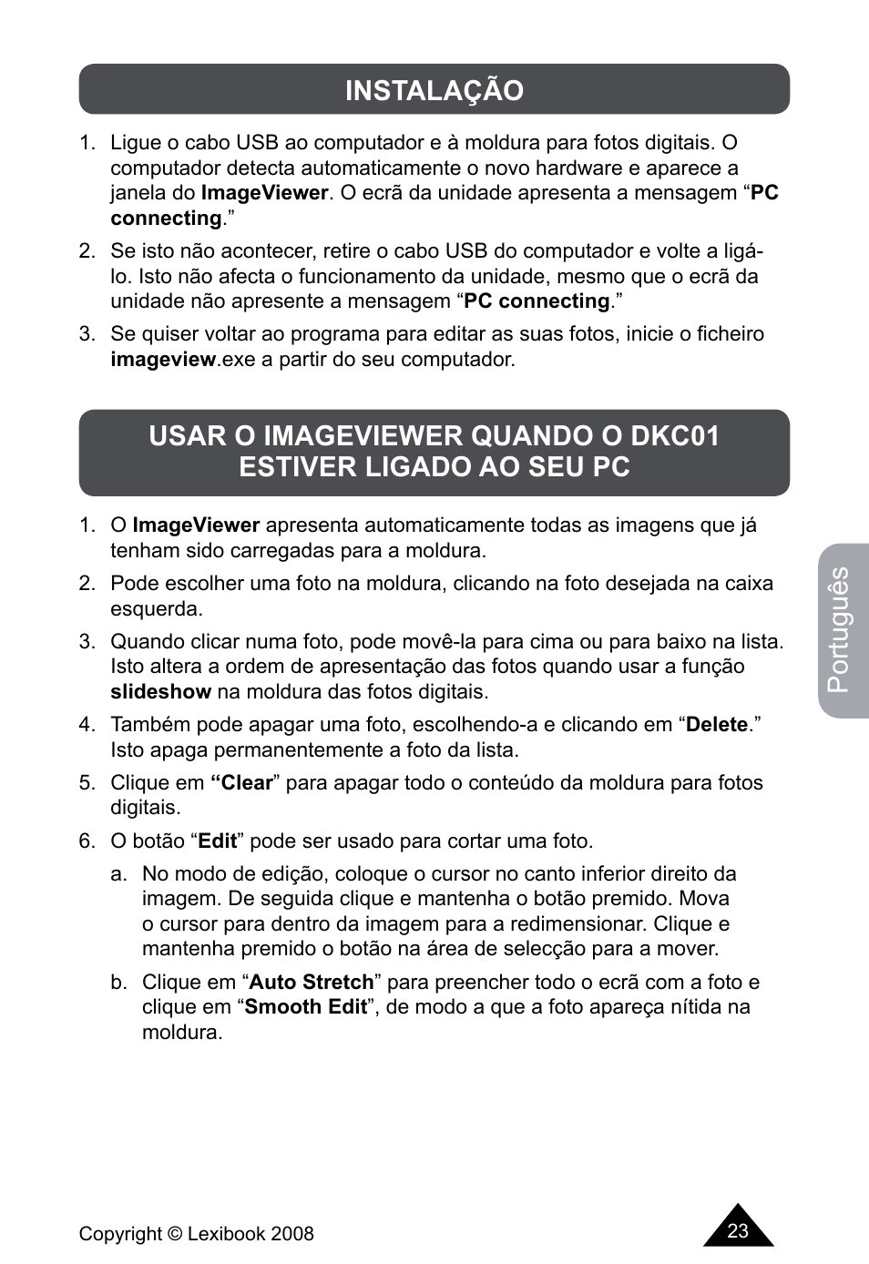 Português | Lexibook DKCO1 / DKC01HSM / DKC01BB / DKC01HM User Manual | Page 23 / 44