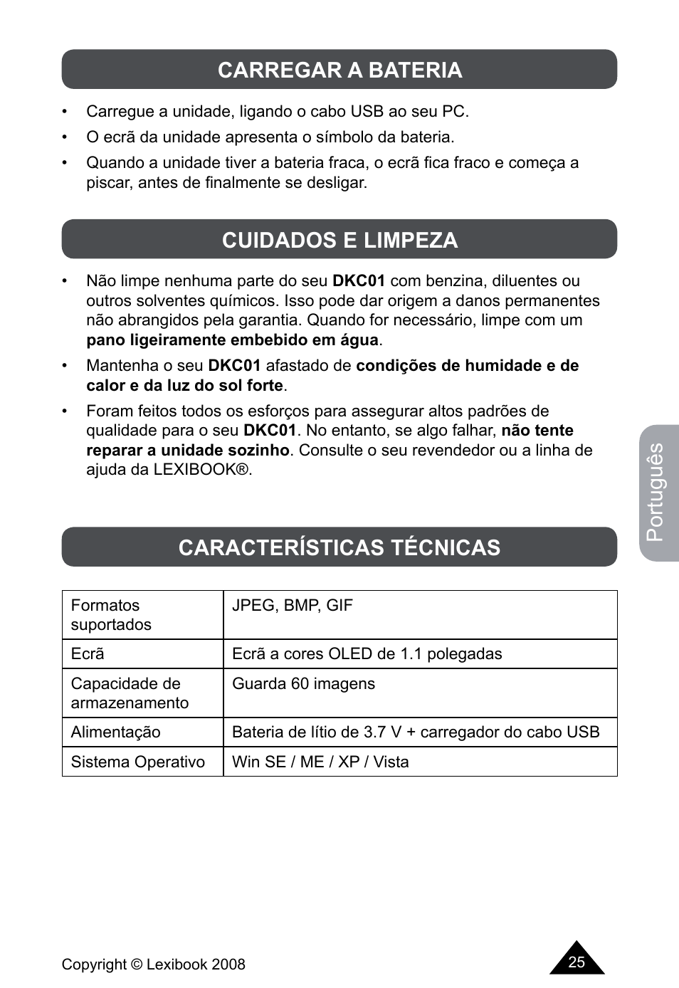 Português, Carregar a bateria, Cuidados e limpeza características técnicas | Lexibook DKCO1 / DKC01HSM / DKC01BB / DKC01HM User Manual | Page 25 / 44