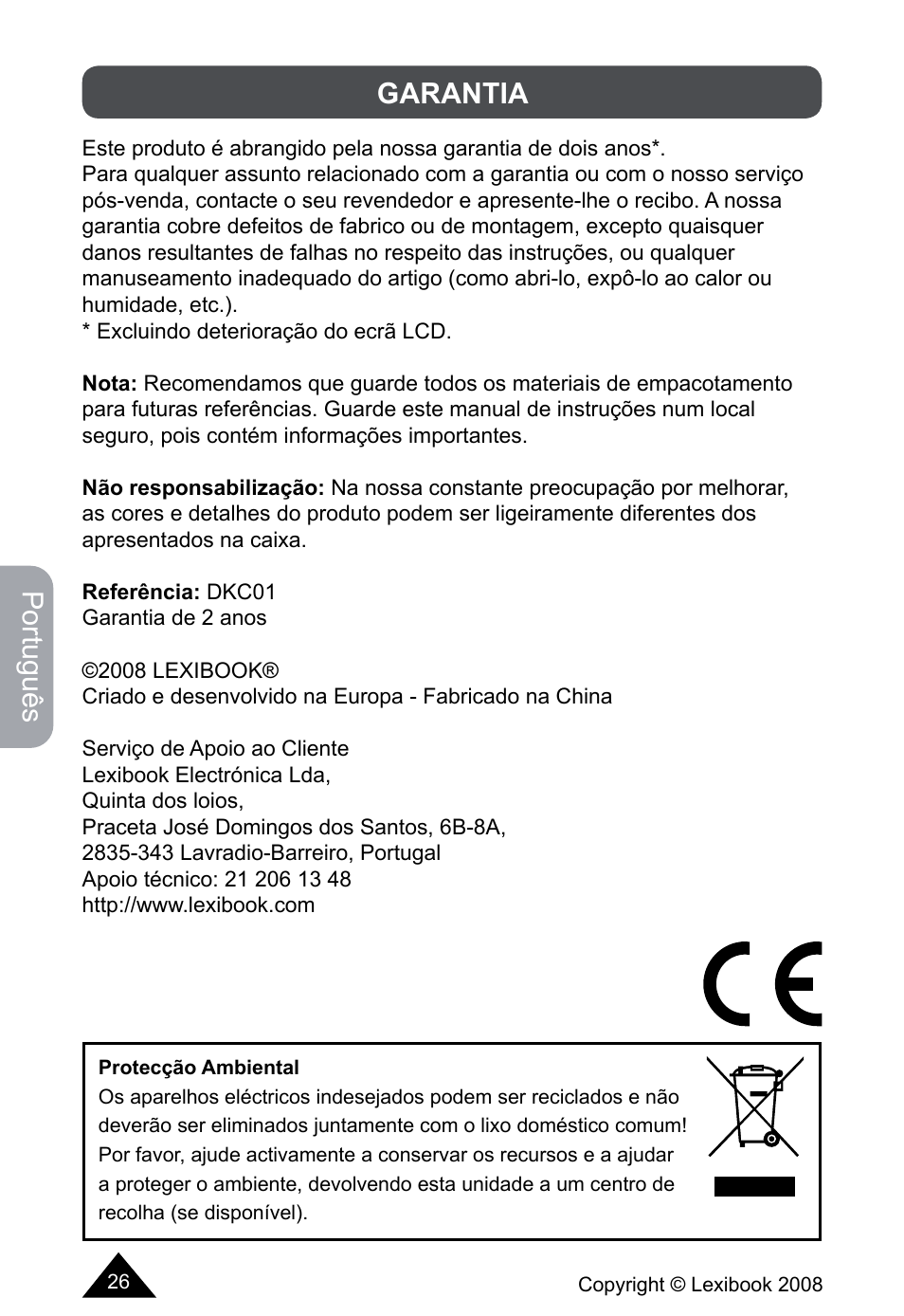 Português, Garantia | Lexibook DKCO1 / DKC01HSM / DKC01BB / DKC01HM User Manual | Page 26 / 44