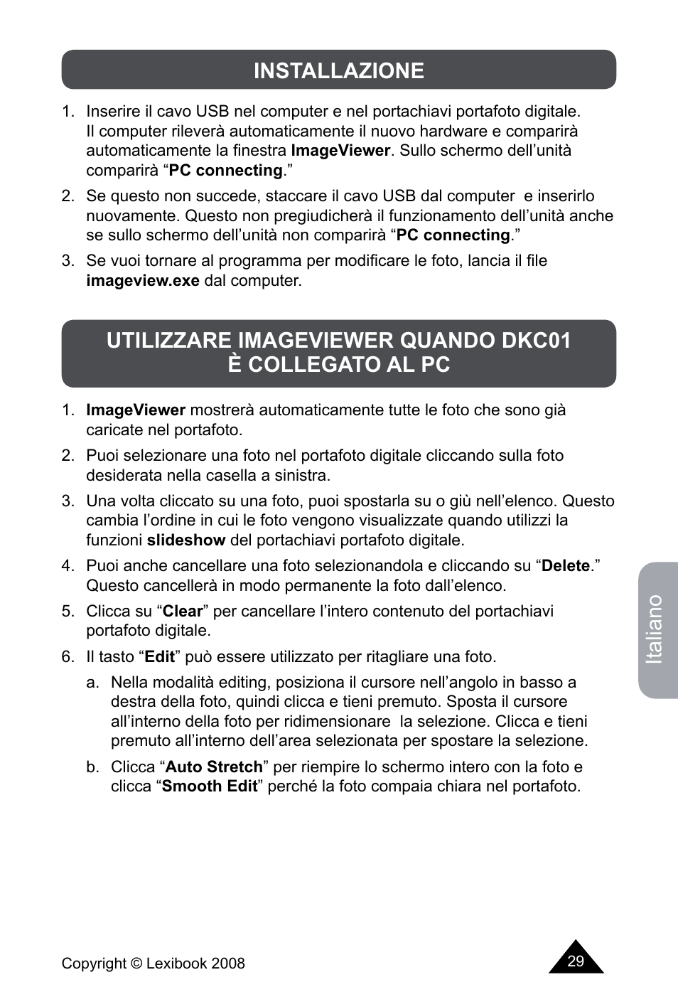 Italiano | Lexibook DKCO1 / DKC01HSM / DKC01BB / DKC01HM User Manual | Page 29 / 44