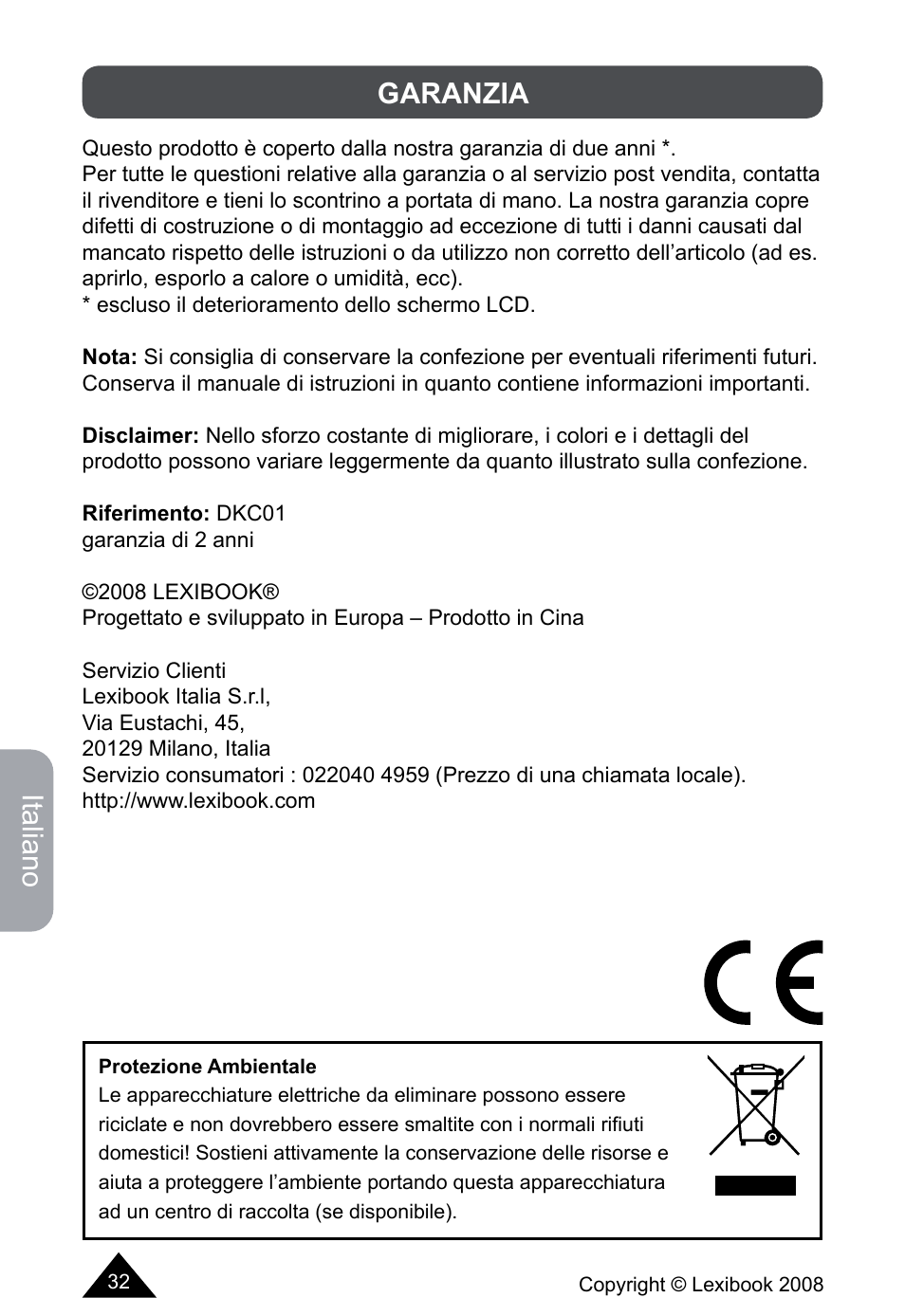 Italiano, Garanzia | Lexibook DKCO1 / DKC01HSM / DKC01BB / DKC01HM User Manual | Page 32 / 44