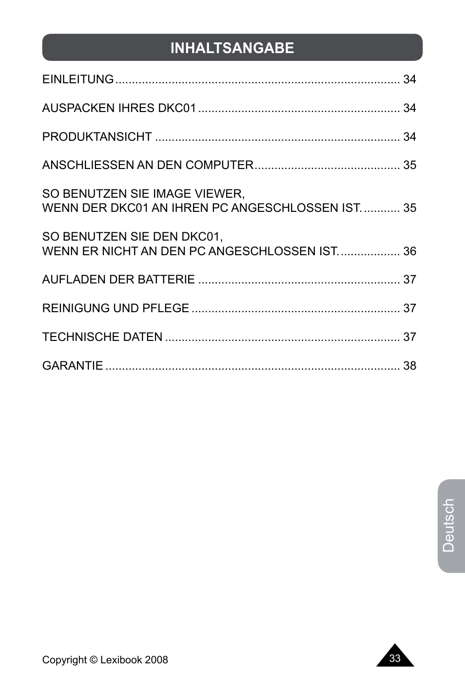 Deutsch, Inhaltsangabe | Lexibook DKCO1 / DKC01HSM / DKC01BB / DKC01HM User Manual | Page 33 / 44