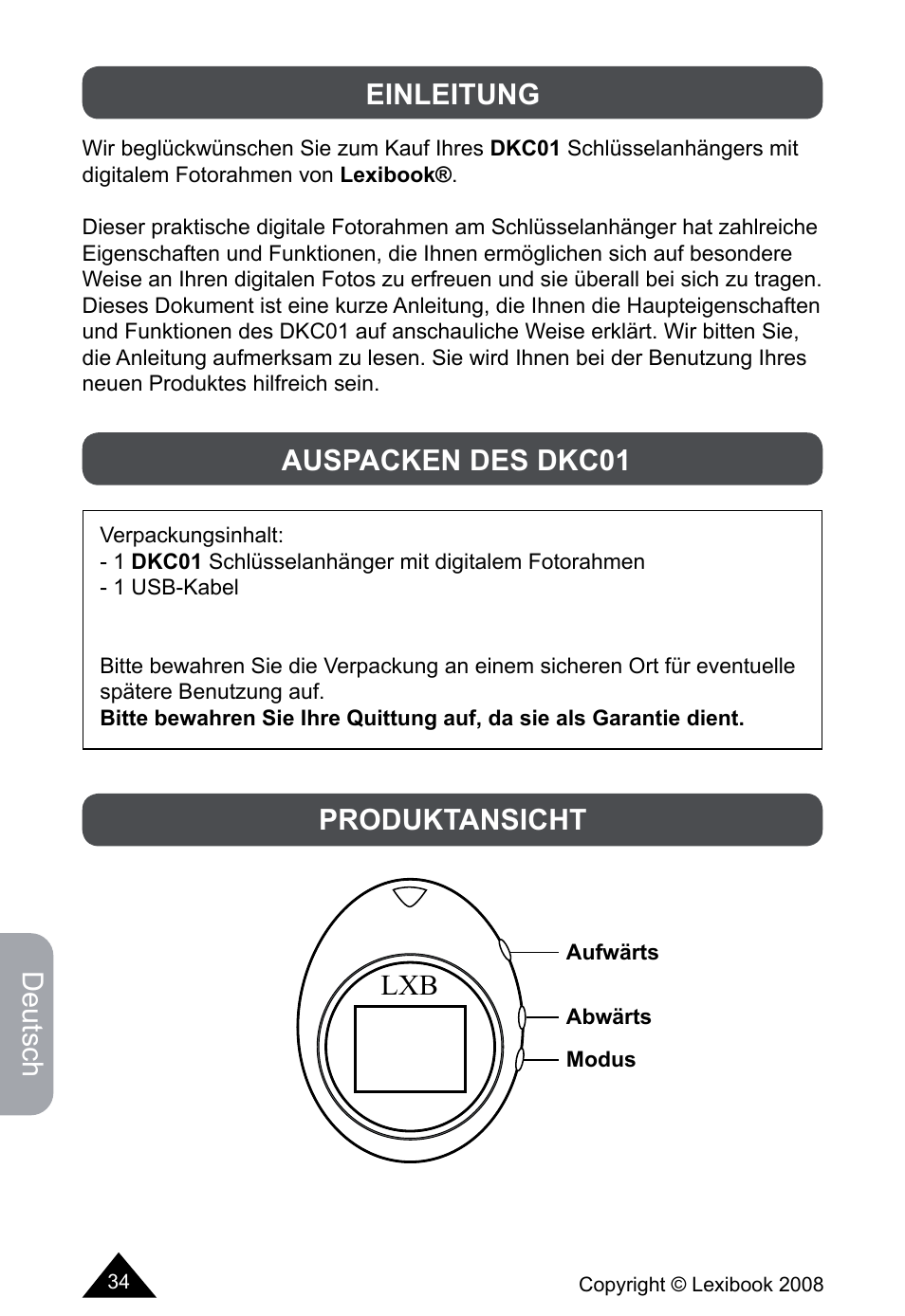 Deutsch, Einleitung, Auspacken des dkc01 | Produktansicht | Lexibook DKCO1 / DKC01HSM / DKC01BB / DKC01HM User Manual | Page 34 / 44