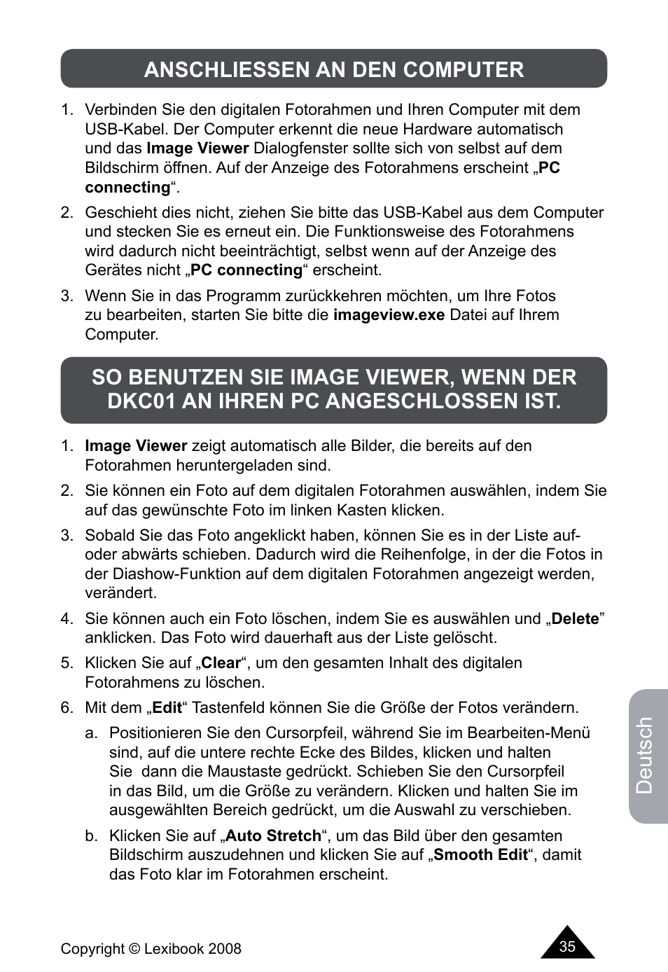Deutsch | Lexibook DKCO1 / DKC01HSM / DKC01BB / DKC01HM User Manual | Page 35 / 44