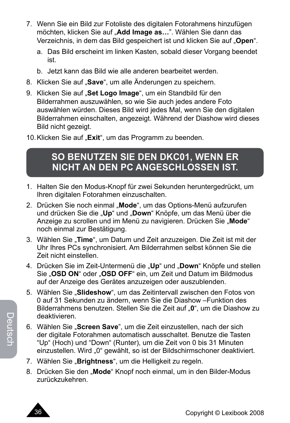 Deutsch | Lexibook DKCO1 / DKC01HSM / DKC01BB / DKC01HM User Manual | Page 36 / 44