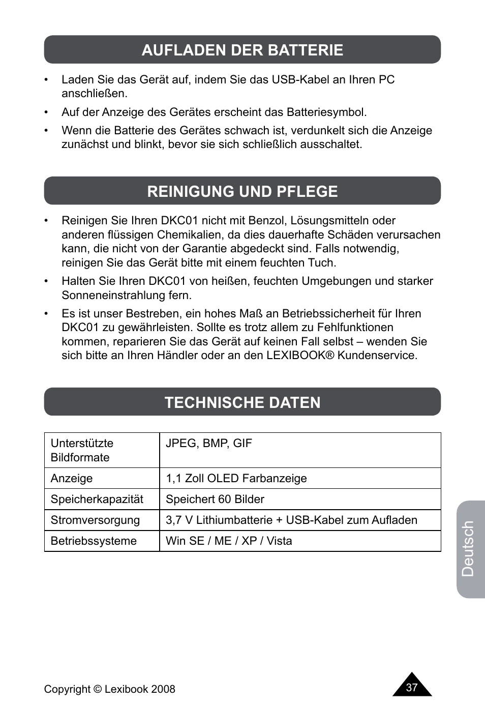 Deutsch, Aufladen der batterie, Reinigung und pflege technische daten | Lexibook DKCO1 / DKC01HSM / DKC01BB / DKC01HM User Manual | Page 37 / 44