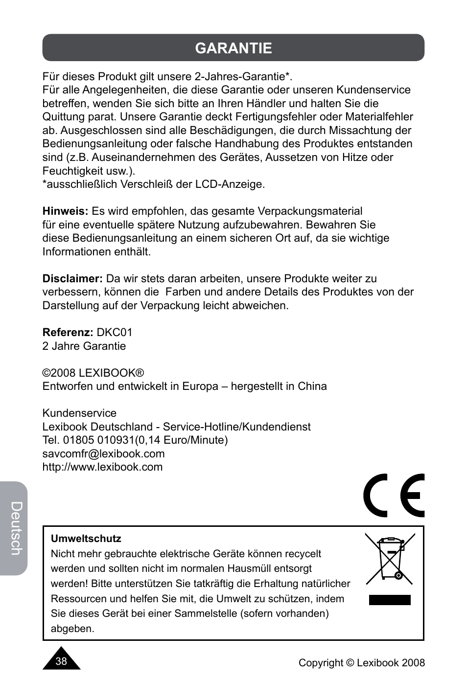 Deutsch, Garantie | Lexibook DKCO1 / DKC01HSM / DKC01BB / DKC01HM User Manual | Page 38 / 44
