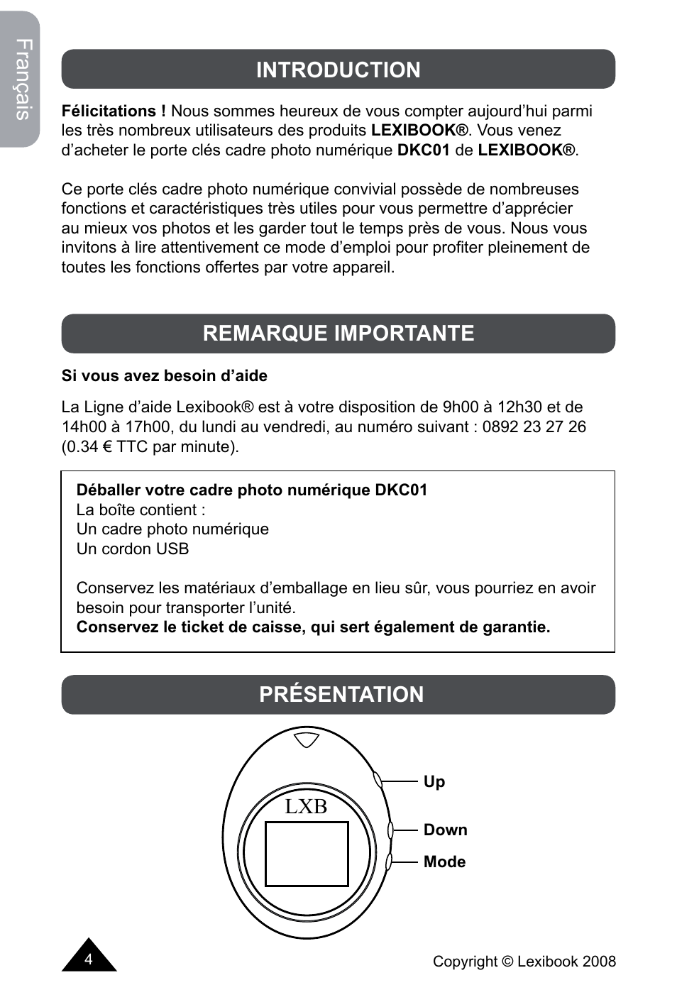 Français introduction, Remarque importante, Présentation | Lexibook DKCO1 / DKC01HSM / DKC01BB / DKC01HM User Manual | Page 4 / 44
