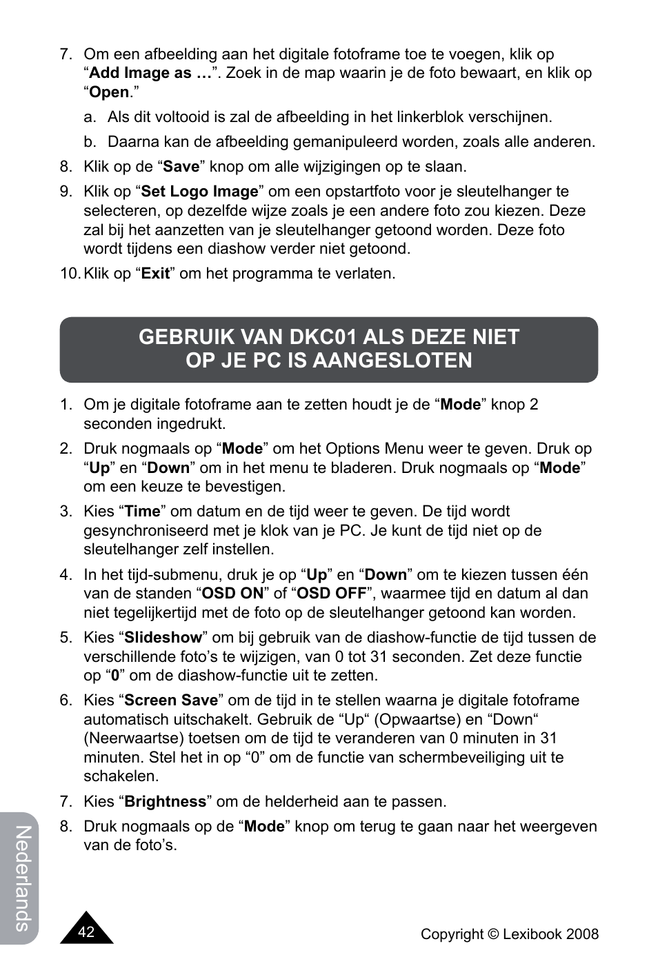 Nederlands | Lexibook DKCO1 / DKC01HSM / DKC01BB / DKC01HM User Manual | Page 42 / 44