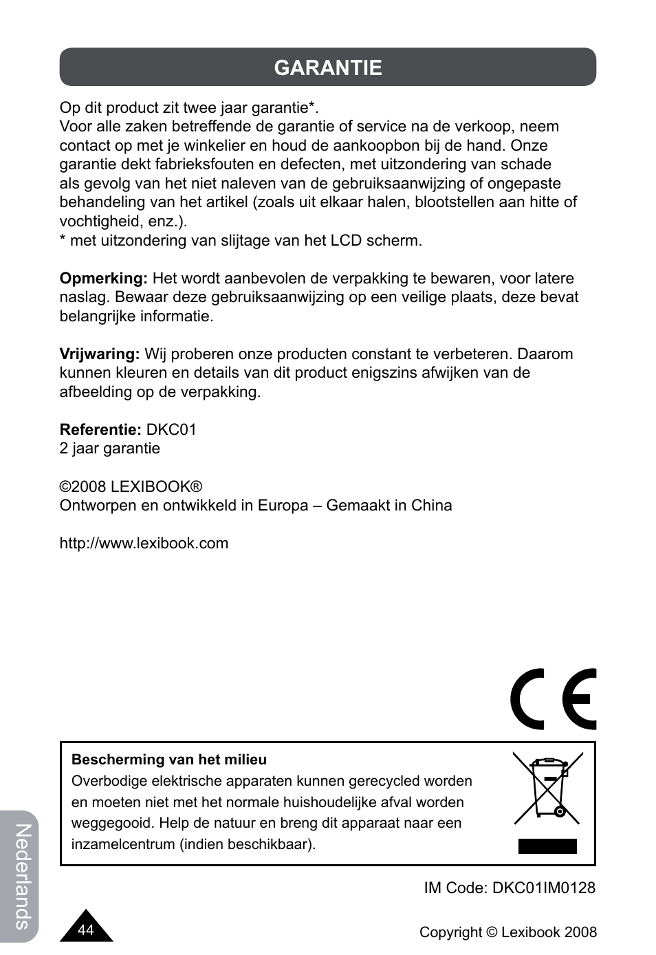 Nederlands, Garantie | Lexibook DKCO1 / DKC01HSM / DKC01BB / DKC01HM User Manual | Page 44 / 44
