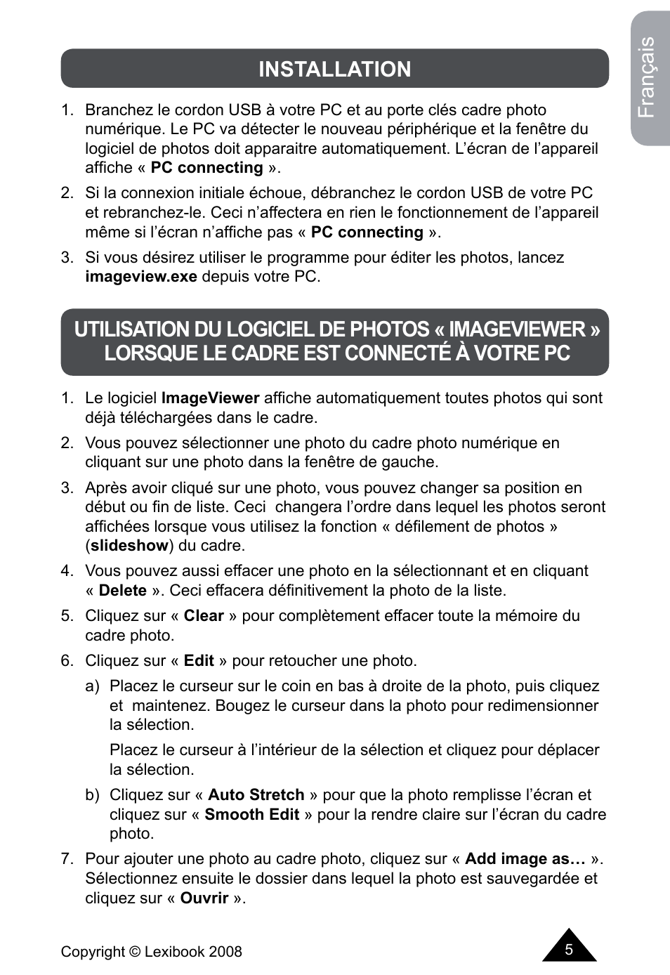 Français, Installation | Lexibook DKCO1 / DKC01HSM / DKC01BB / DKC01HM User Manual | Page 5 / 44