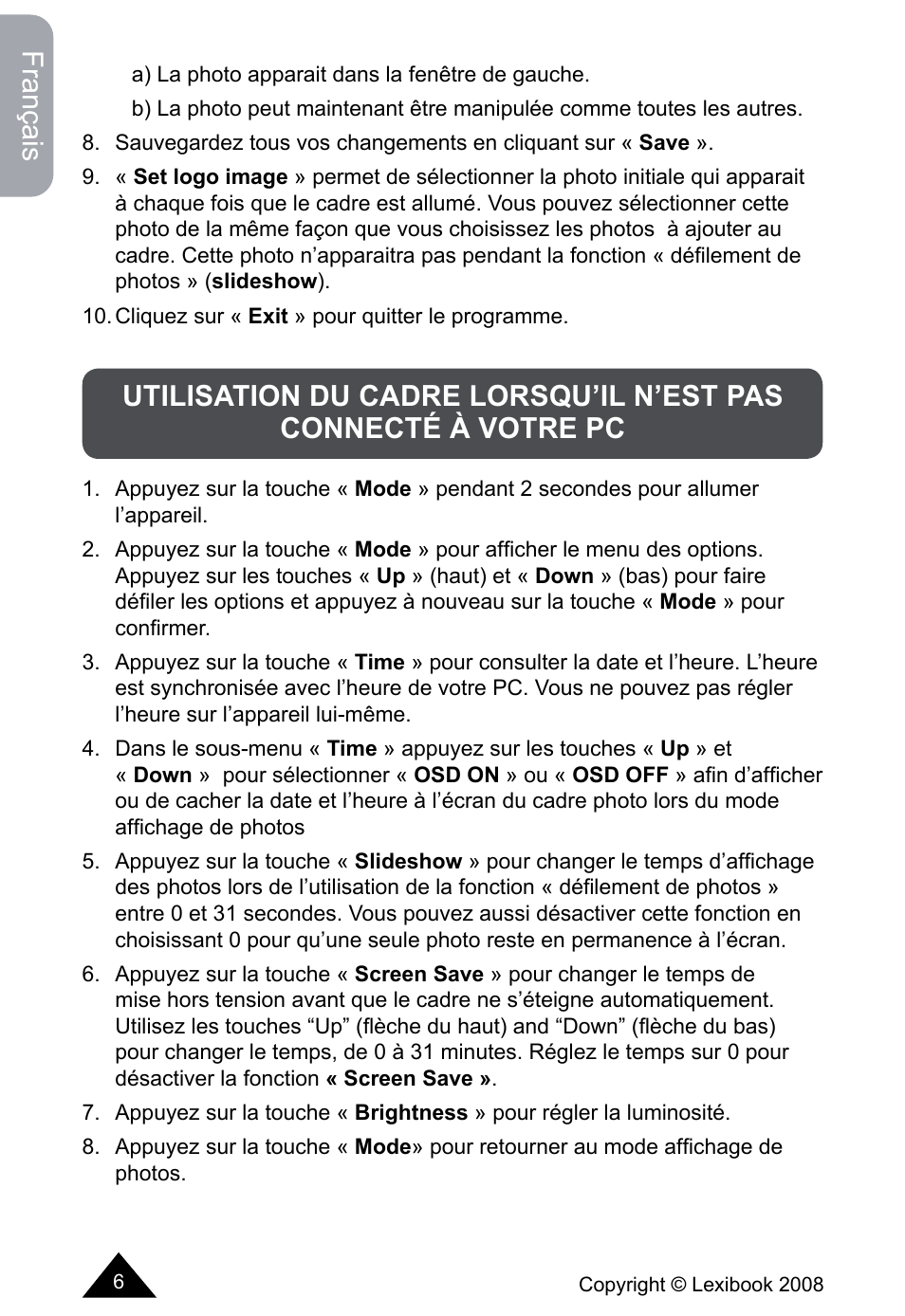 Français | Lexibook DKCO1 / DKC01HSM / DKC01BB / DKC01HM User Manual | Page 6 / 44