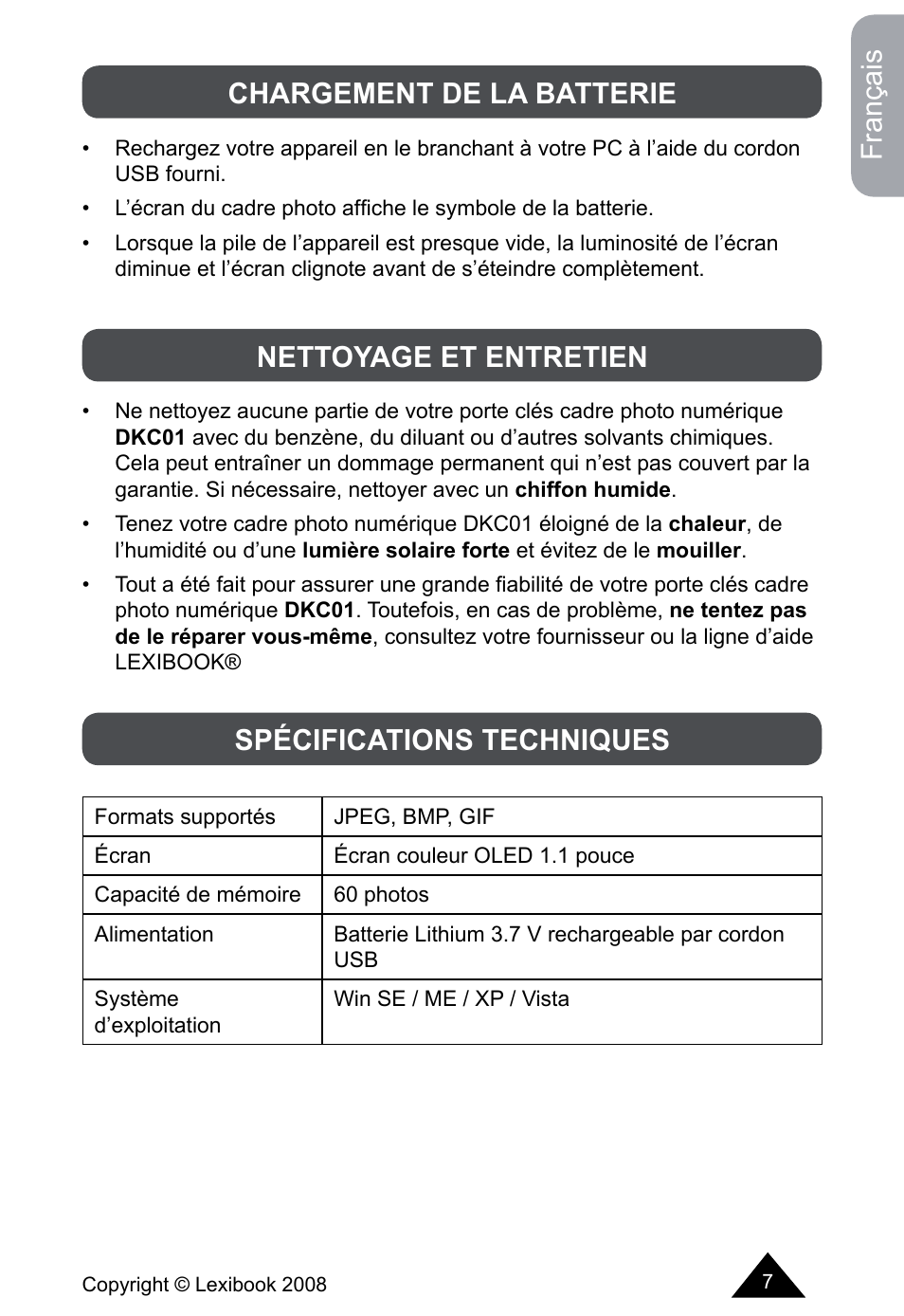 Français, Chargement de la batterie, Nettoyage et entretien spécifications techniques | Lexibook DKCO1 / DKC01HSM / DKC01BB / DKC01HM User Manual | Page 7 / 44