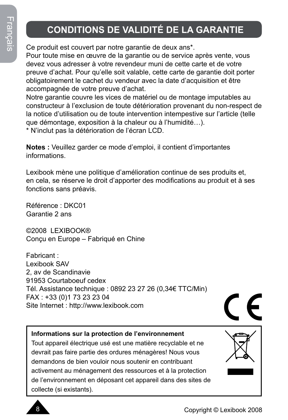 Français, Conditions de validité de la garantie | Lexibook DKCO1 / DKC01HSM / DKC01BB / DKC01HM User Manual | Page 8 / 44