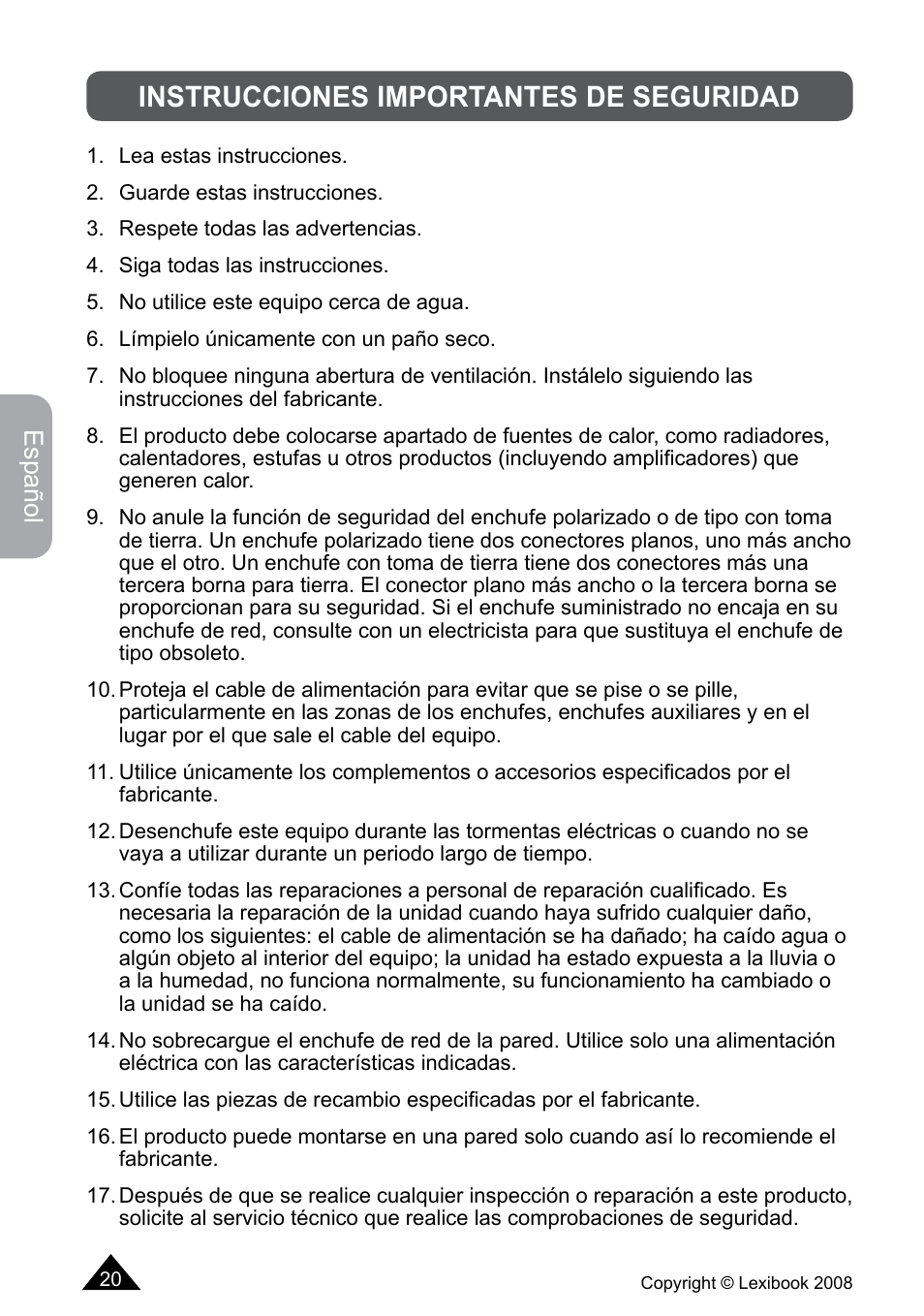Instrucciones importantes de seguridad, Español | Lexibook DF700BB / DF700SP / DF700HSM User Manual | Page 20 / 60