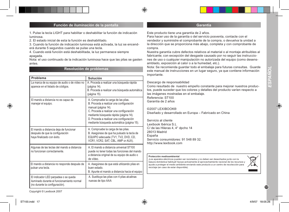 Esp añol | Lexibook ST100 User Manual | Page 17 / 51