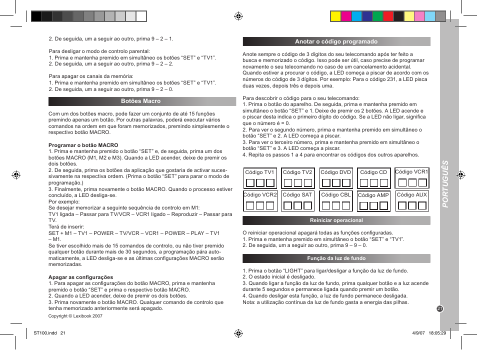 Por tuguês | Lexibook ST100 User Manual | Page 21 / 51