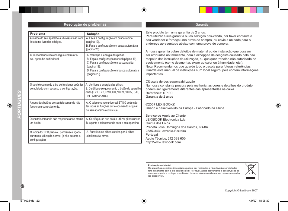 Por tuguês | Lexibook ST100 User Manual | Page 22 / 51