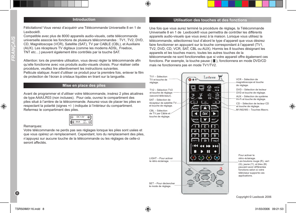 Français, Introduction, Mise en place des piles | Utilisation des touches et des fonctions | Lexibook TSR50 User Manual | Page 8 / 51