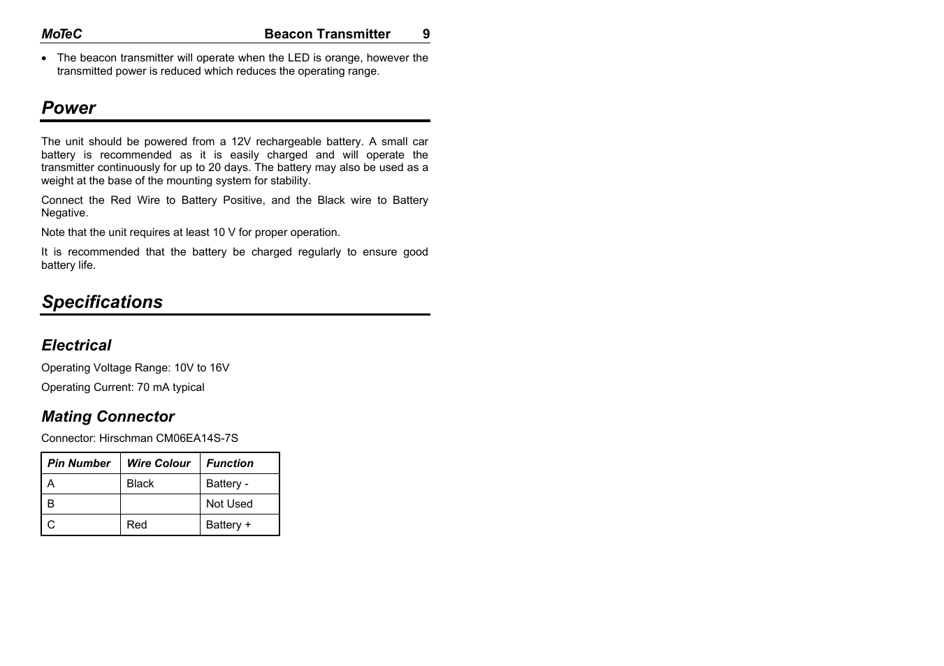 Power, Specifications | MoTeC BRX User Manual | Page 11 / 21