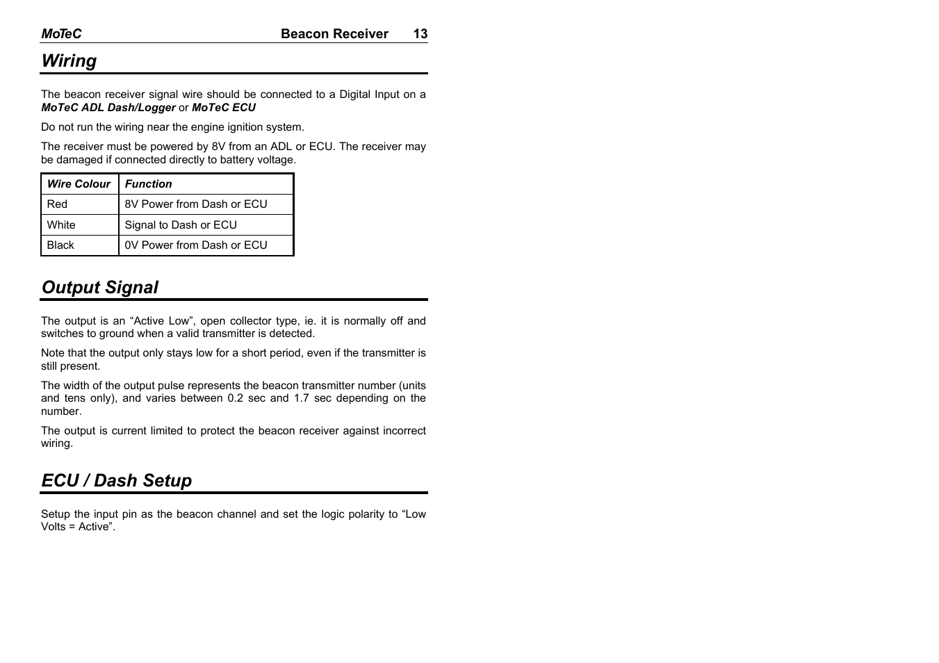 Wiring, Output signal, Ecu / dash setup | MoTeC BRX User Manual | Page 15 / 21