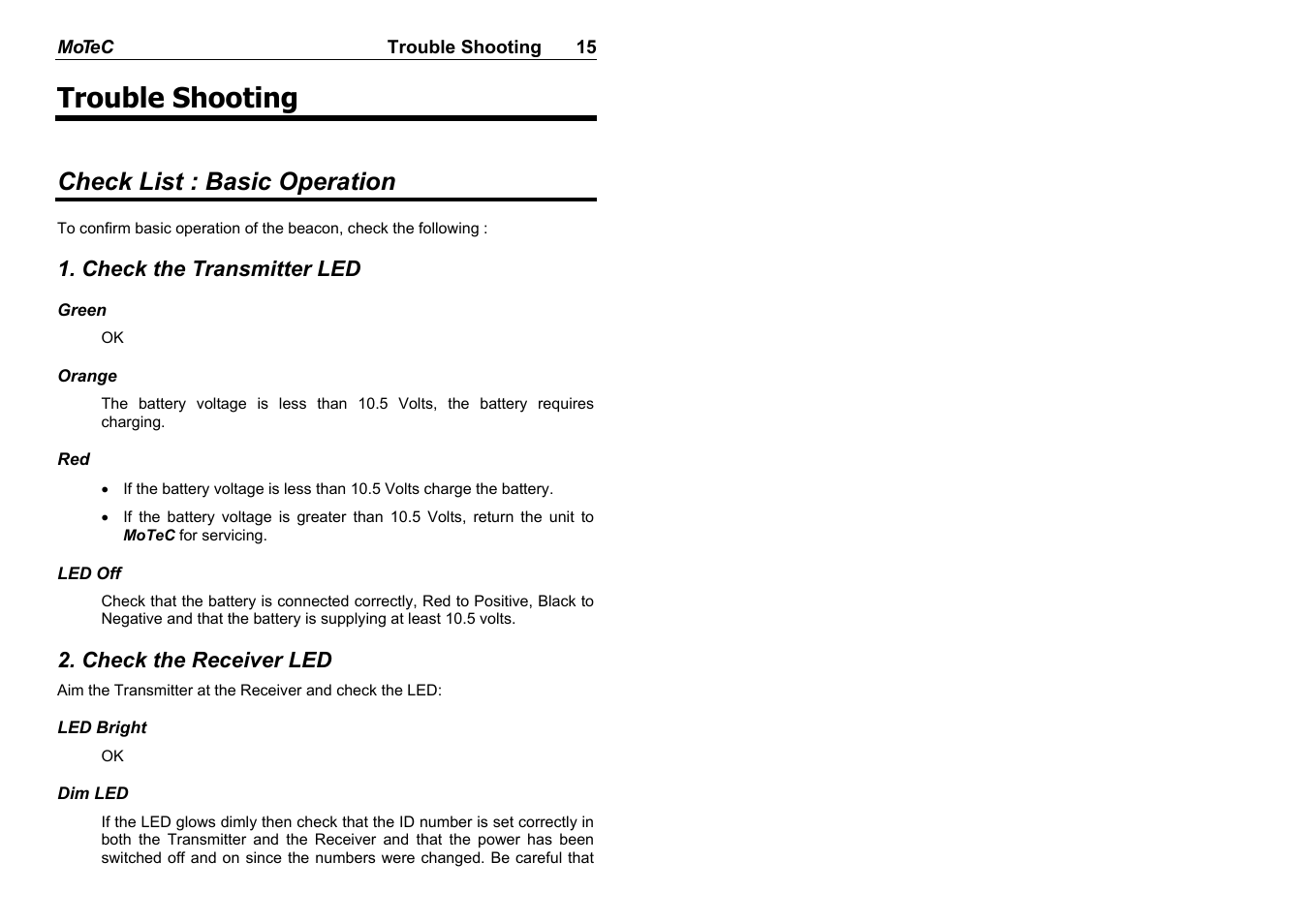 Trouble shooting, Check list : basic operation | MoTeC BRX User Manual | Page 17 / 21