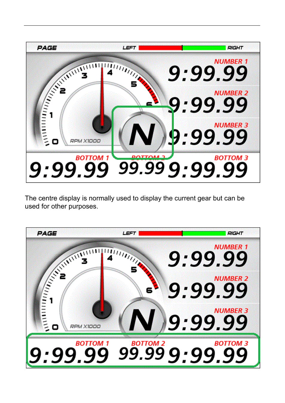 Centre display, Bottom display | MoTeC C125 User Manual | Page 46 / 89