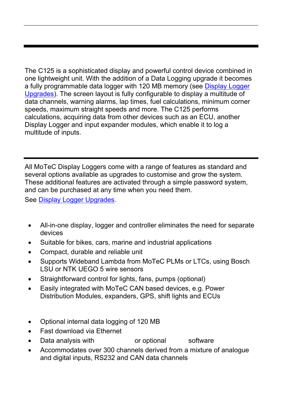 Introduction, C125 - club display logger, Features | General, Logging and analysis | MoTeC C125 User Manual | Page 7 / 89