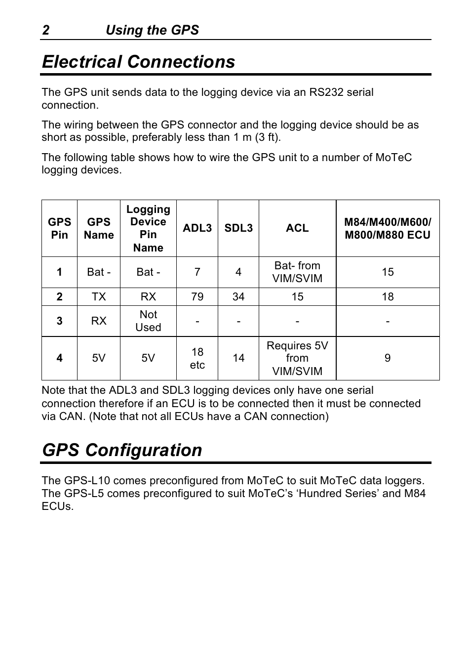 Electrical connections, Gps configuration, 2using the gps | MoTeC GPS-L10 User Manual | Page 4 / 8