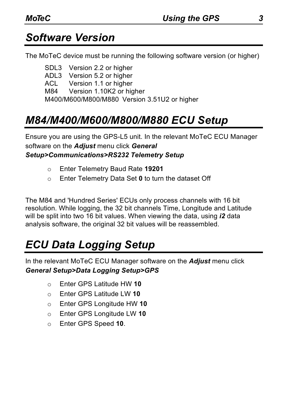 Software version, Ecu data logging setup | MoTeC GPS-L10 User Manual | Page 5 / 8