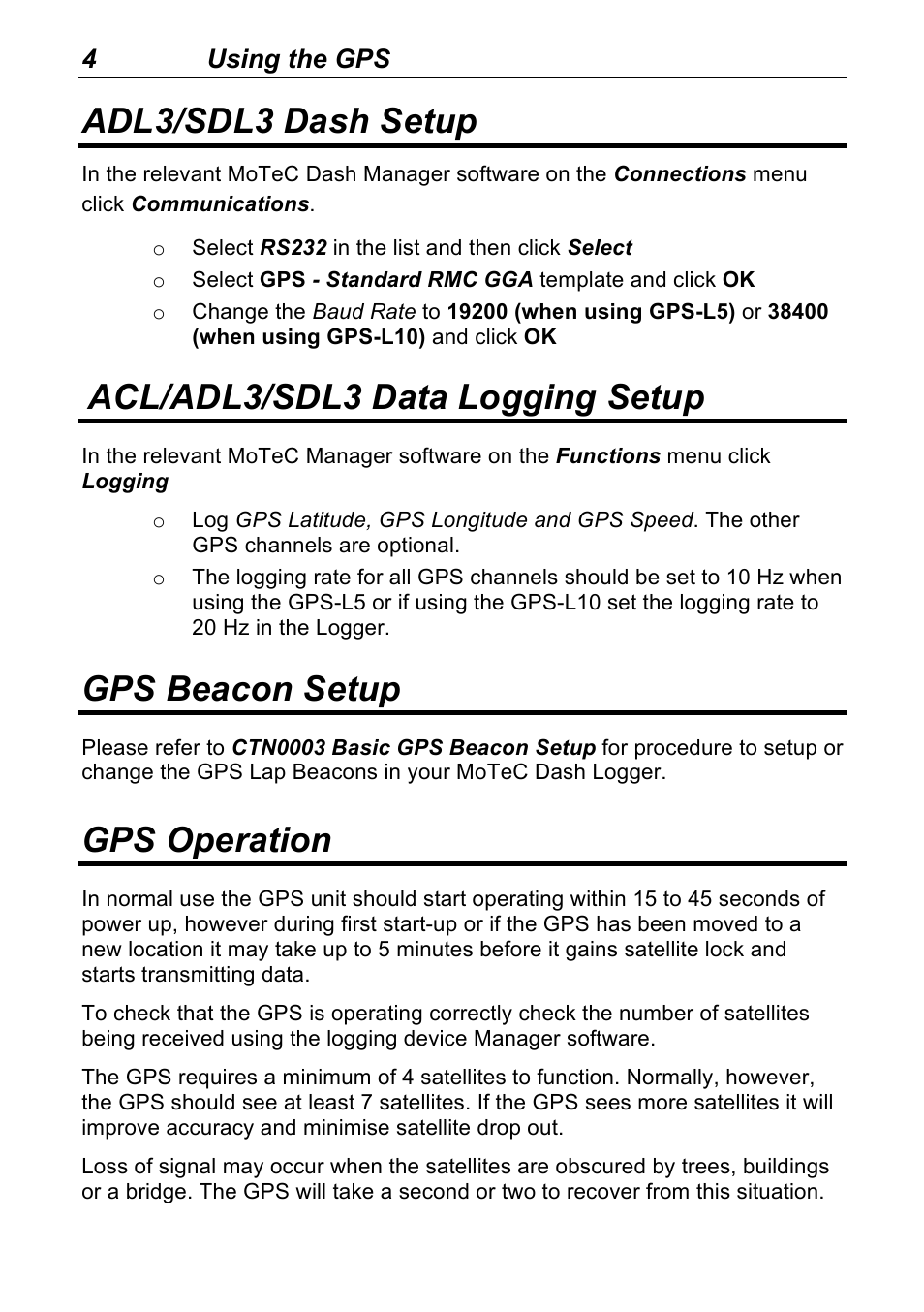 Adl3/sdl3 dash setup, Acl/adl3/sdl3 data logging setup, Gps beacon setup | Gps operation | MoTeC GPS-L10 User Manual | Page 6 / 8