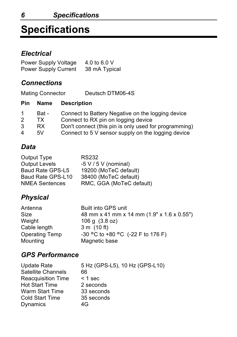 Specifications, 6specifications, Electrical | Connections, Data, Physical, Gps performance | MoTeC GPS-L10 User Manual | Page 8 / 8