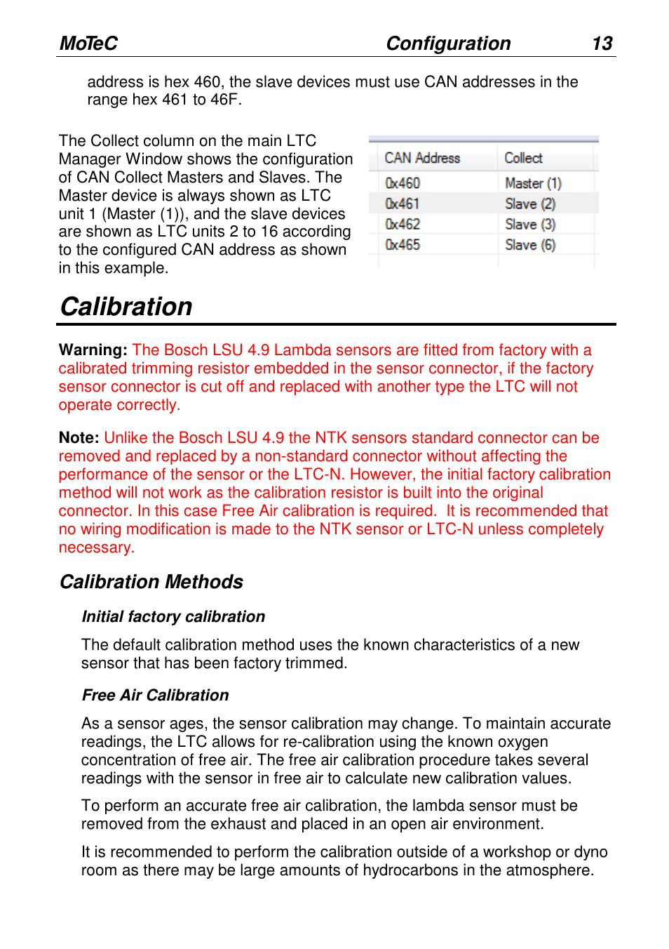 Calibration, Motec configuration 13, Calibration methods | MoTeC LTCN User Manual | Page 13 / 39