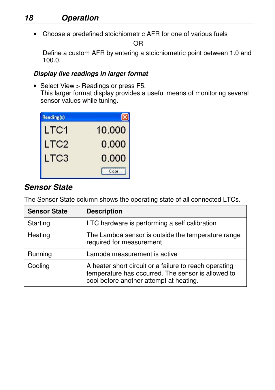 18 operation, Sensor state | MoTeC LTCN User Manual | Page 18 / 39