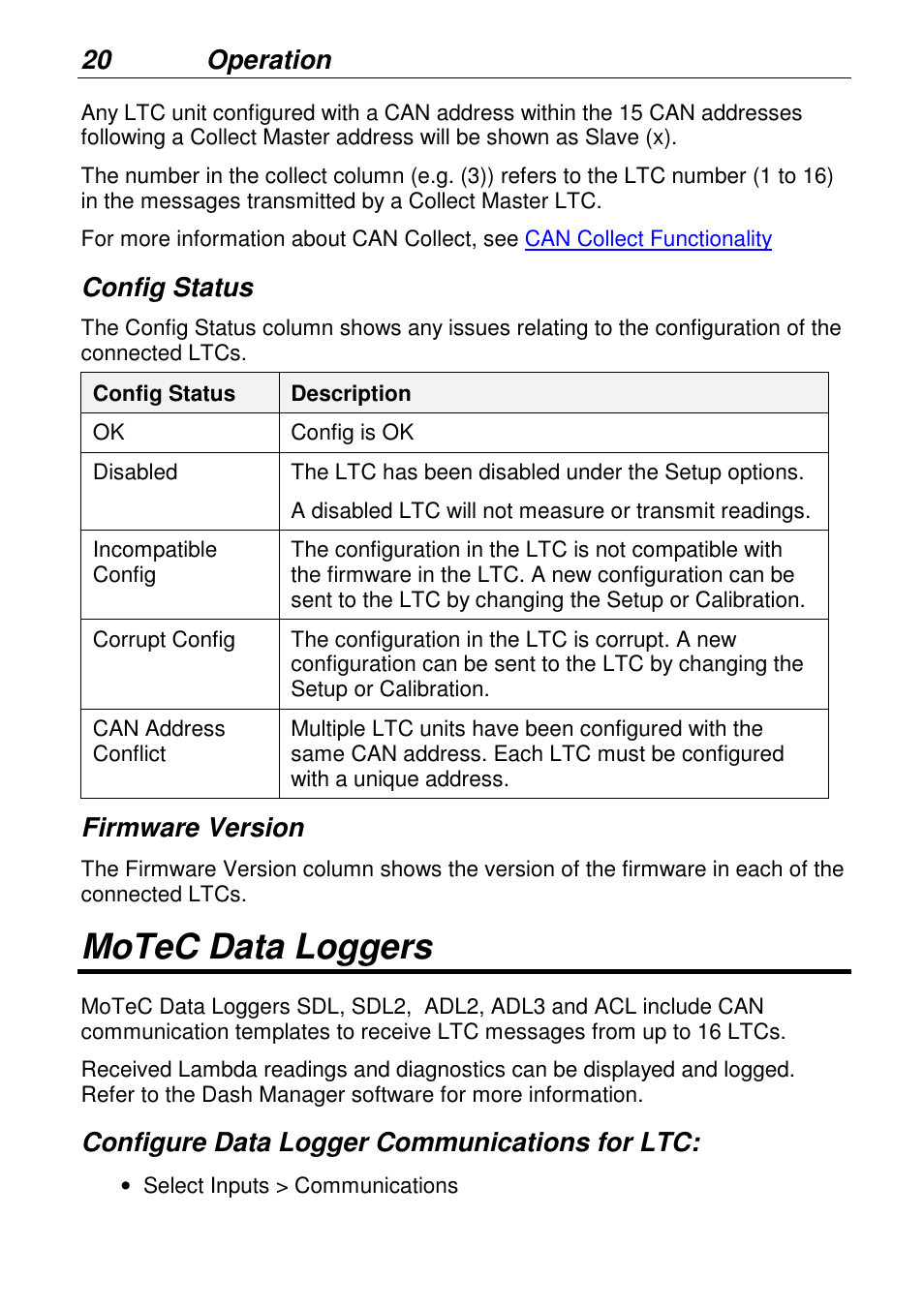 Motec data loggers, 20 operation, Config status | Firmware version, Configure data logger communications for ltc | MoTeC LTCN User Manual | Page 20 / 39