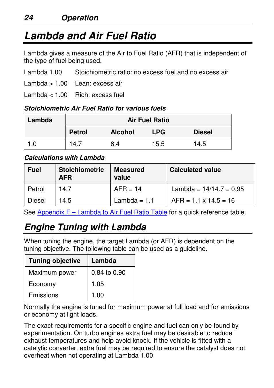 Lambda and air fuel ratio, Engine tuning with lambda, 24 operation | MoTeC LTCN User Manual | Page 24 / 39