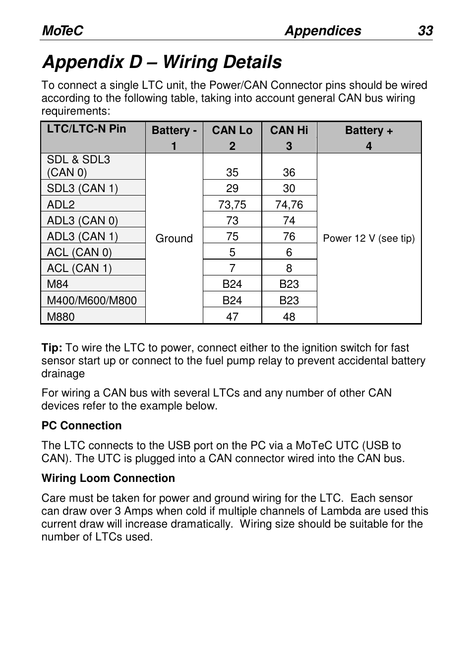 Appendix d – wiring details, Motec appendices 33 | MoTeC LTCN User Manual | Page 33 / 39