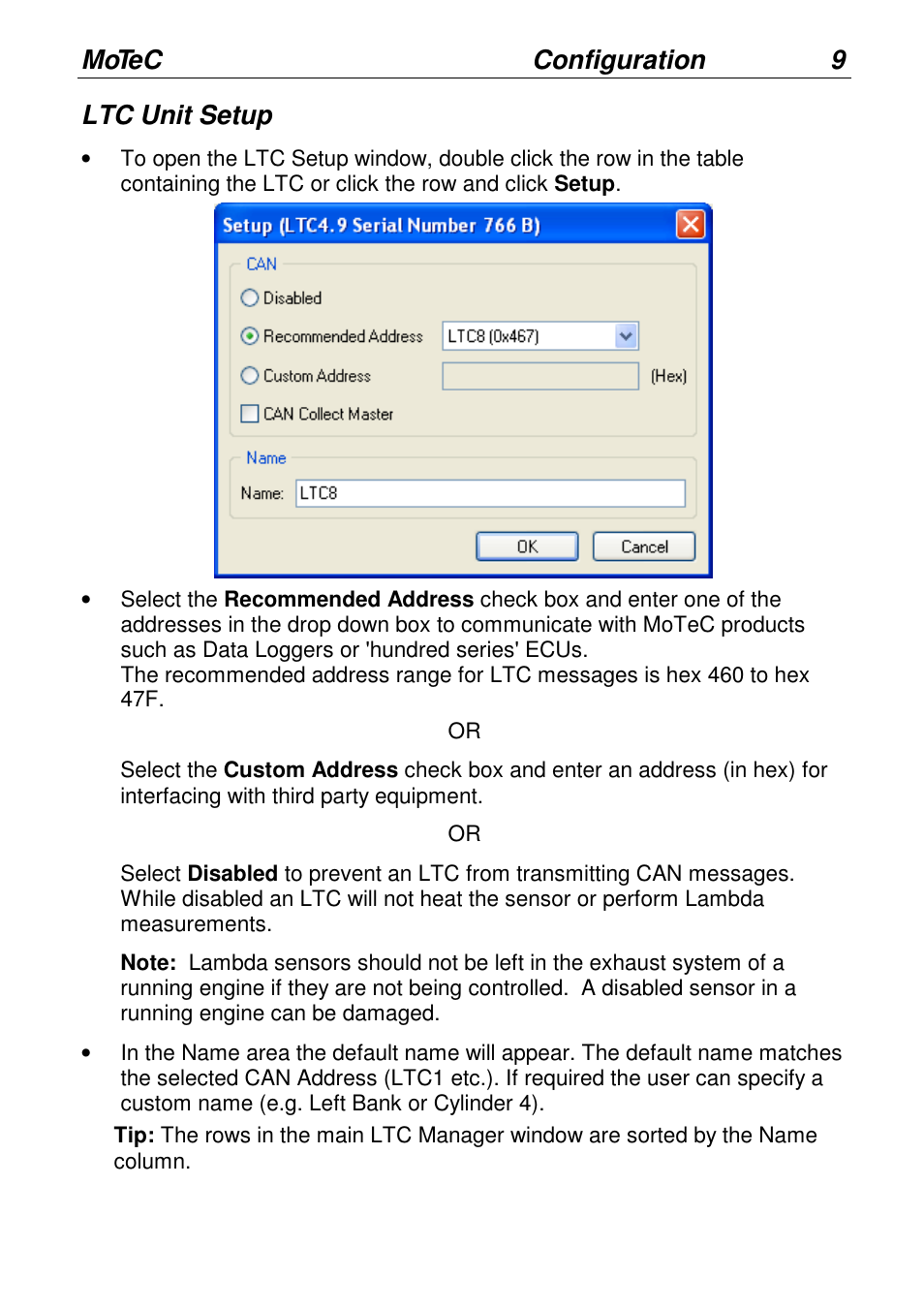 Motec configuration 9, Ltc unit setup | MoTeC LTCN User Manual | Page 9 / 39