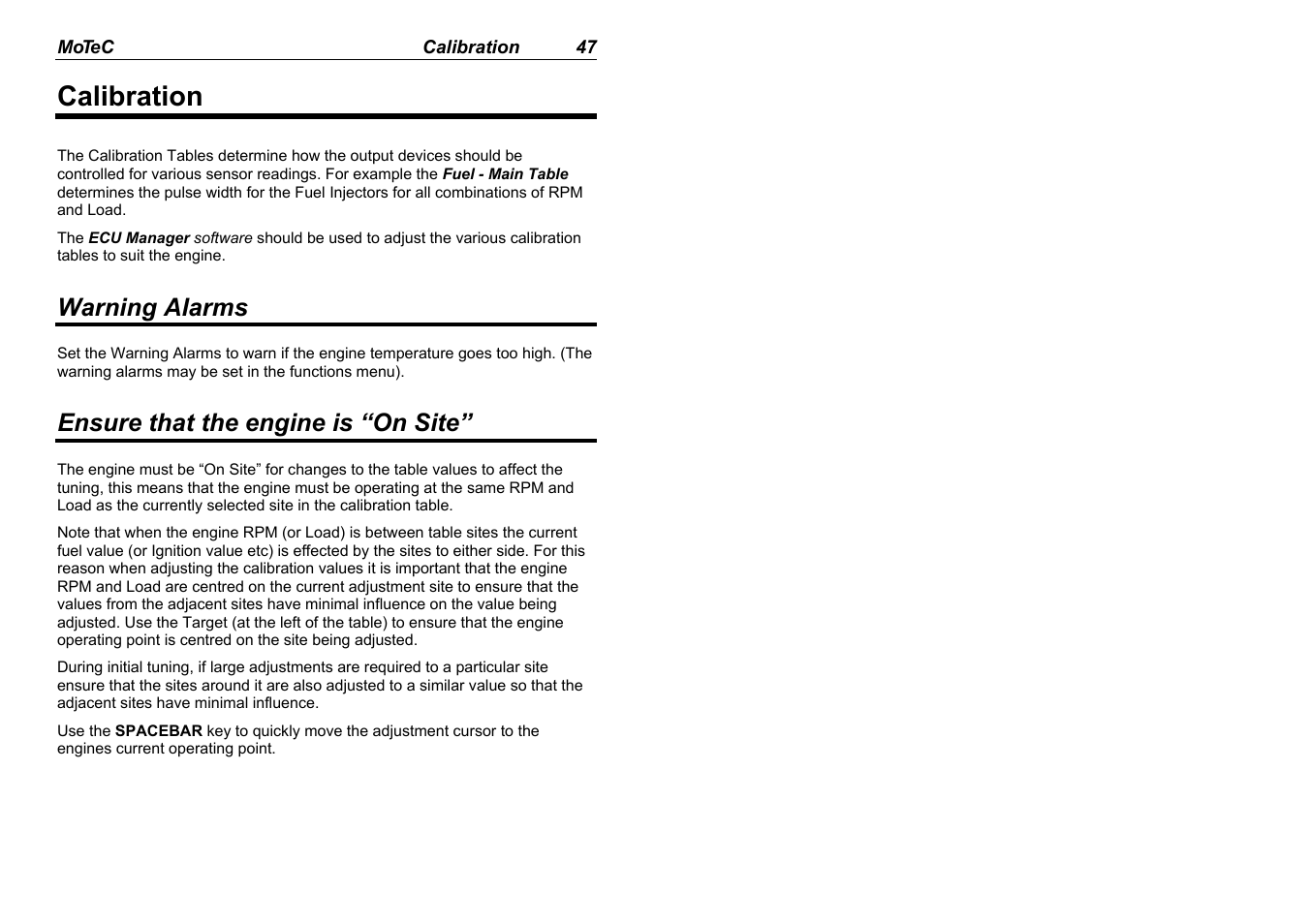 Calibration, Warning alarms, Ensure that the engine is “on site | MoTeC M880 User Manual | Page 49 / 101