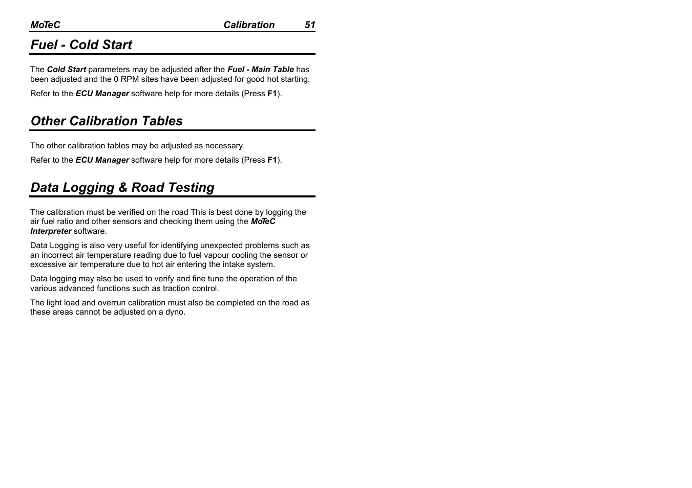 Fuel - cold start, Other calibration tables, Data logging & road testing | MoTeC M880 User Manual | Page 53 / 101