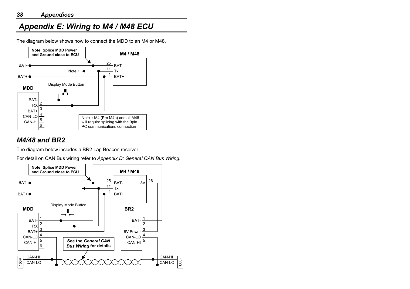 Appendix e: wiring to m4 / m48 ecu, M4/48 and br2, 38 appendices | MoTeC MDD User Manual | Page 40 / 48