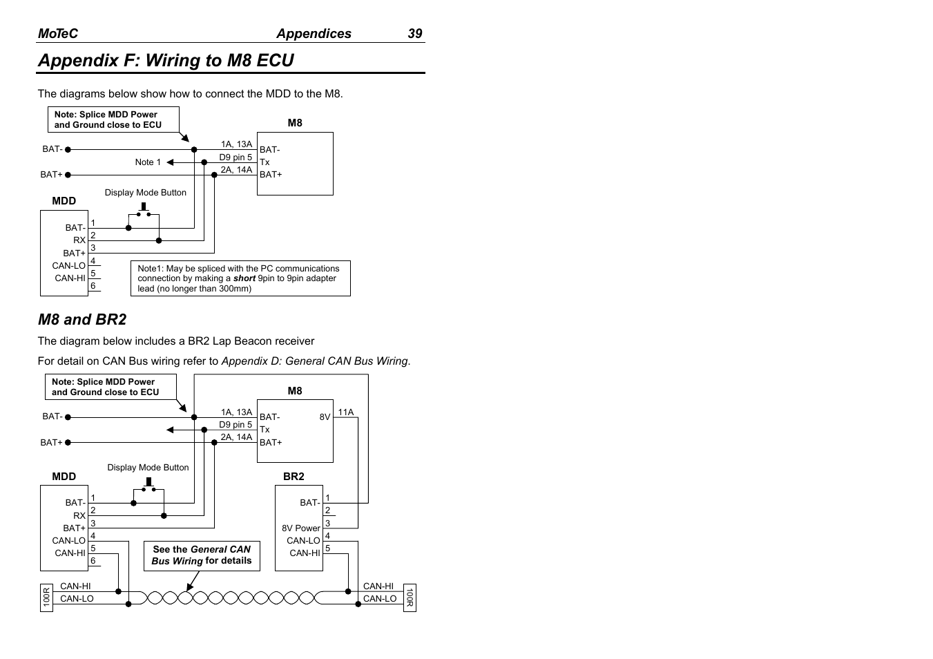 Appendix f: wiring to m8 ecu, M8 and br2, Motec appendices 39 | MoTeC MDD User Manual | Page 41 / 48