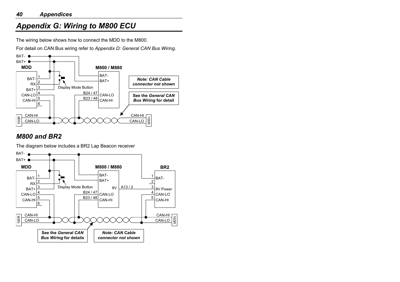 Appendix g: wiring to m800 ecu, M800 and br2, 40 appendices | MoTeC MDD User Manual | Page 42 / 48