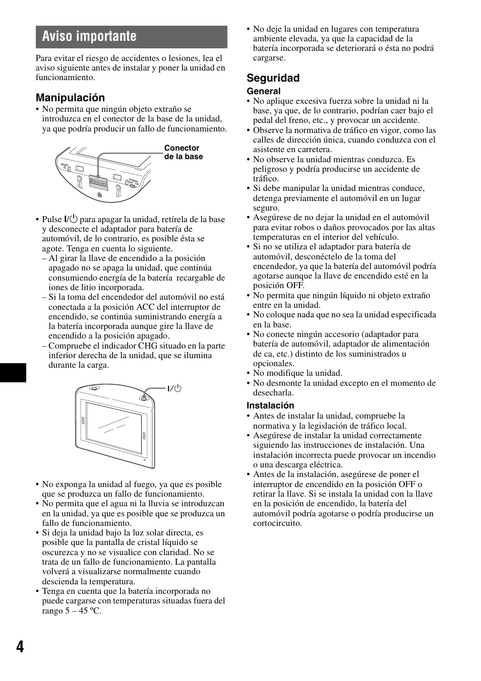 Aviso importante, Manipulación, Seguridad | Sony NV-U70T User Manual | Page 108 / 216
