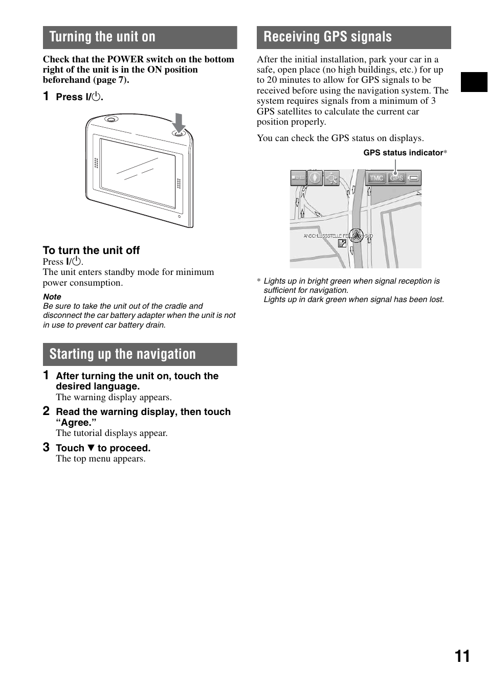 Turning the unit on, Starting up the navigation, Receiving gps signals | On 11 | Sony NV-U70T User Manual | Page 11 / 216
