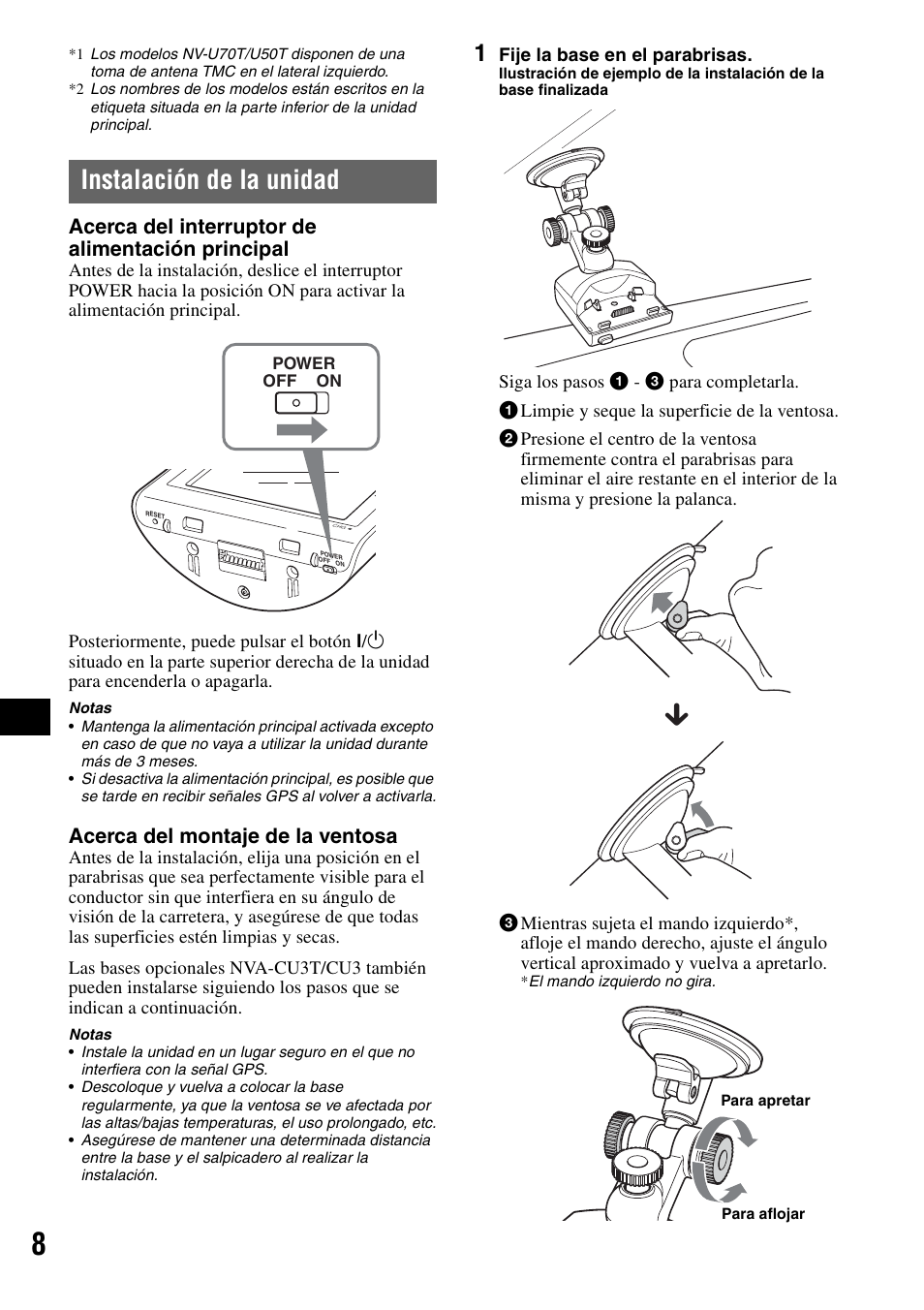Instalación de la unidad, Acerca del interruptor de alimentación principal, Acerca del montaje de la ventosa | Sony NV-U70T User Manual | Page 112 / 216