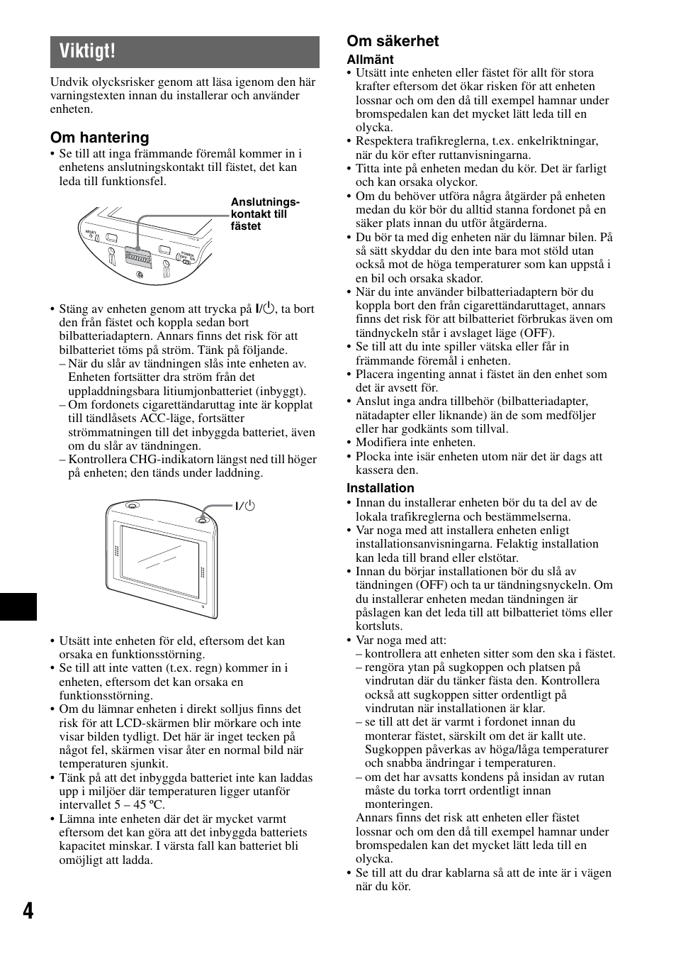 Viktigt, Om hantering, Om säkerhet | Sony NV-U70T User Manual | Page 130 / 216