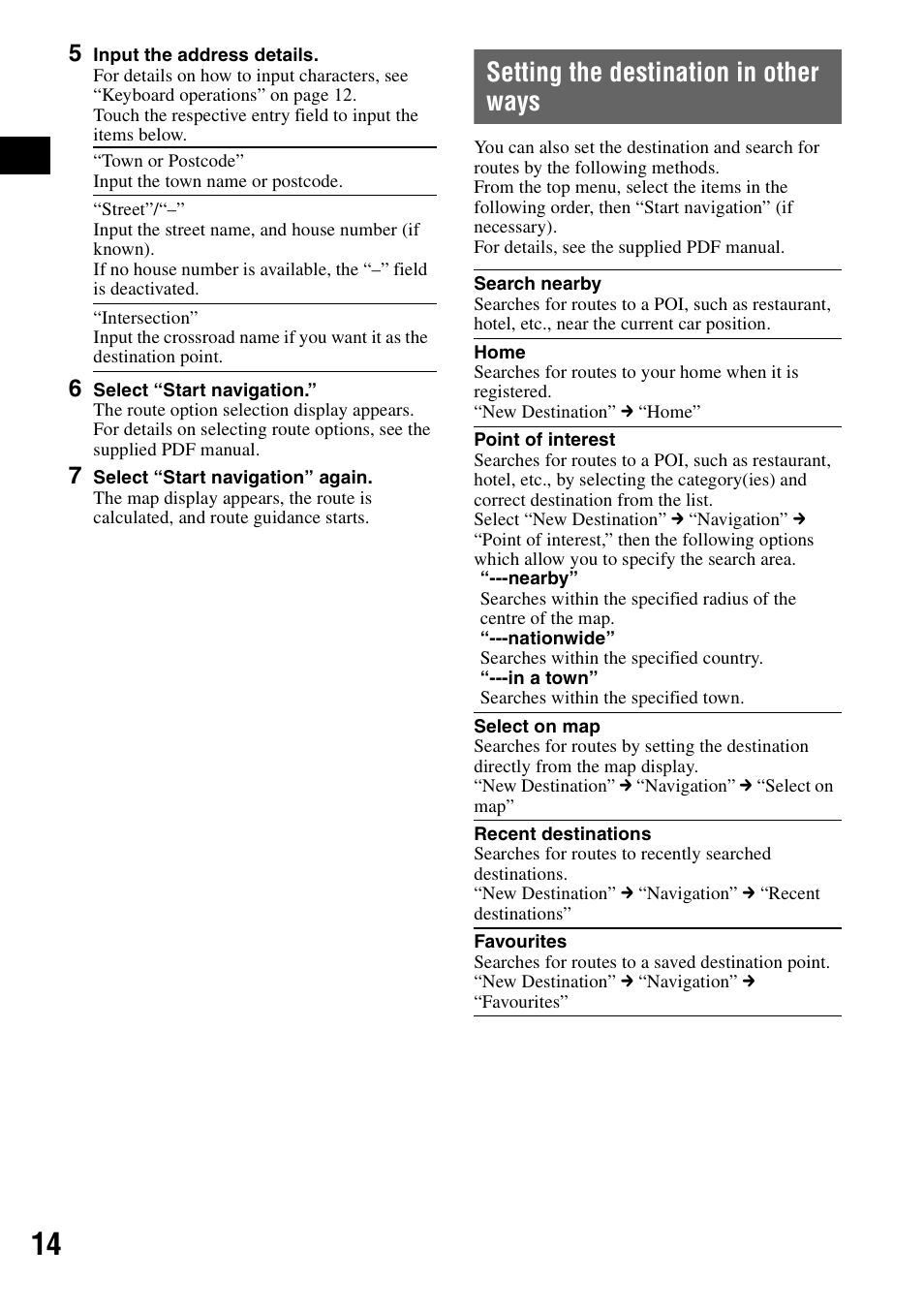 Setting the destination in other ways | Sony NV-U70T User Manual | Page 14 / 216